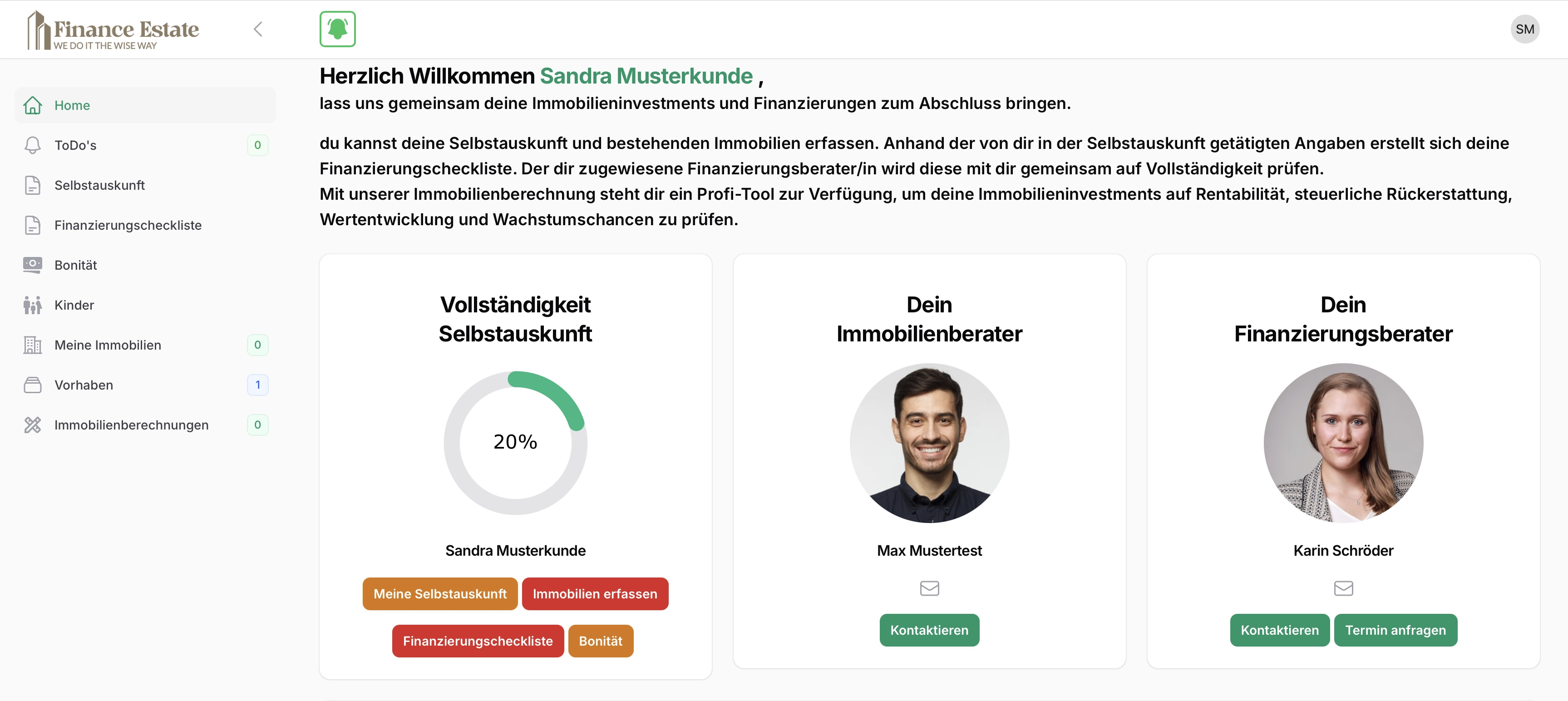 Customer Panel Finance Estate Plattform